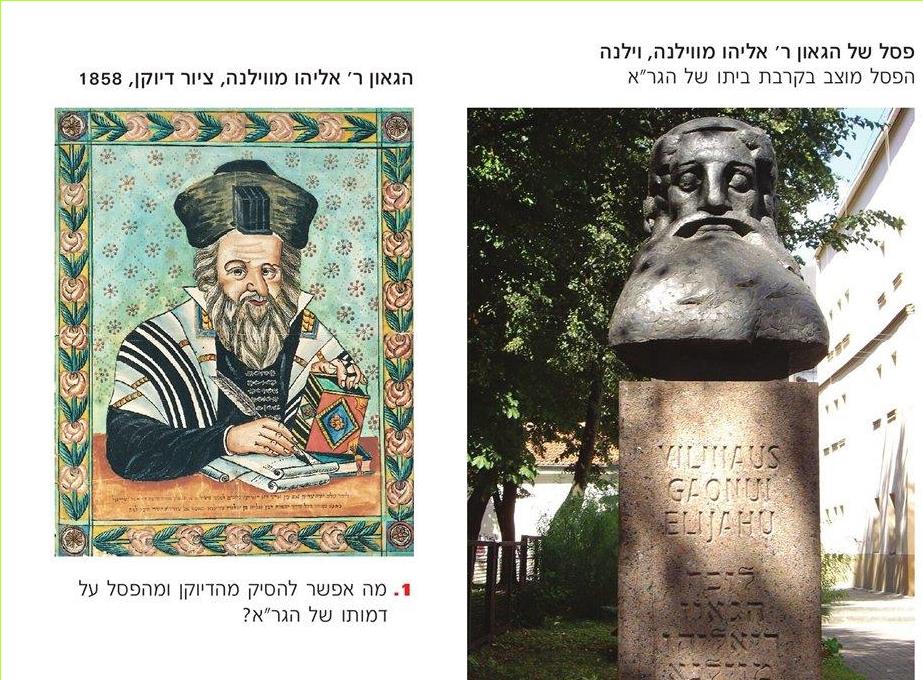 (בספר שתי תמונות) פסל של הגאון ר' אליהו מווילנה, וילנה הפסל מוצב בקרבת ביתו של הגר